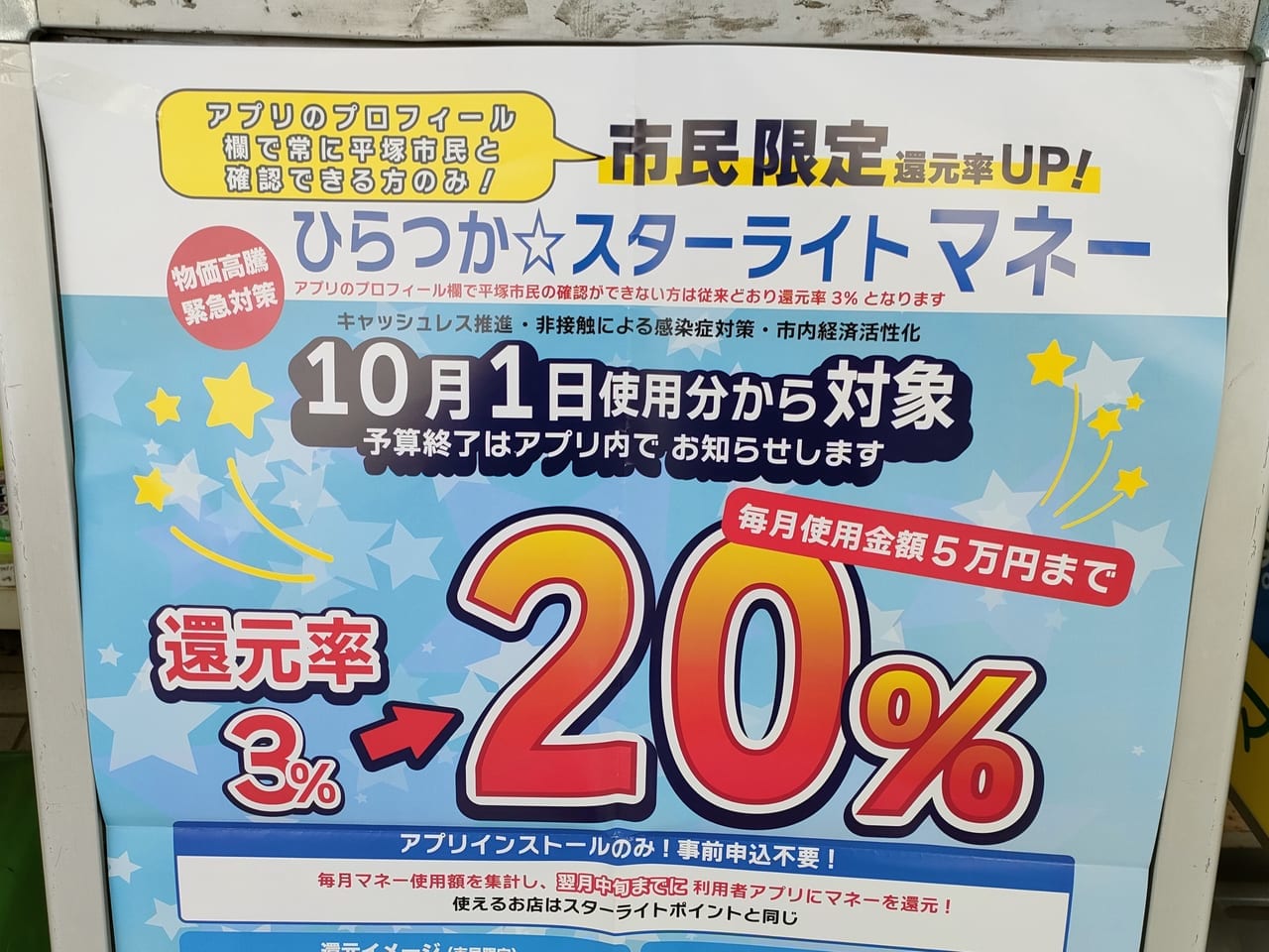 期間限定です！平塚市内で使える電子マネー、「ひらつか☆スターライトマネー」の還元率が３％から20％に大幅アップ！