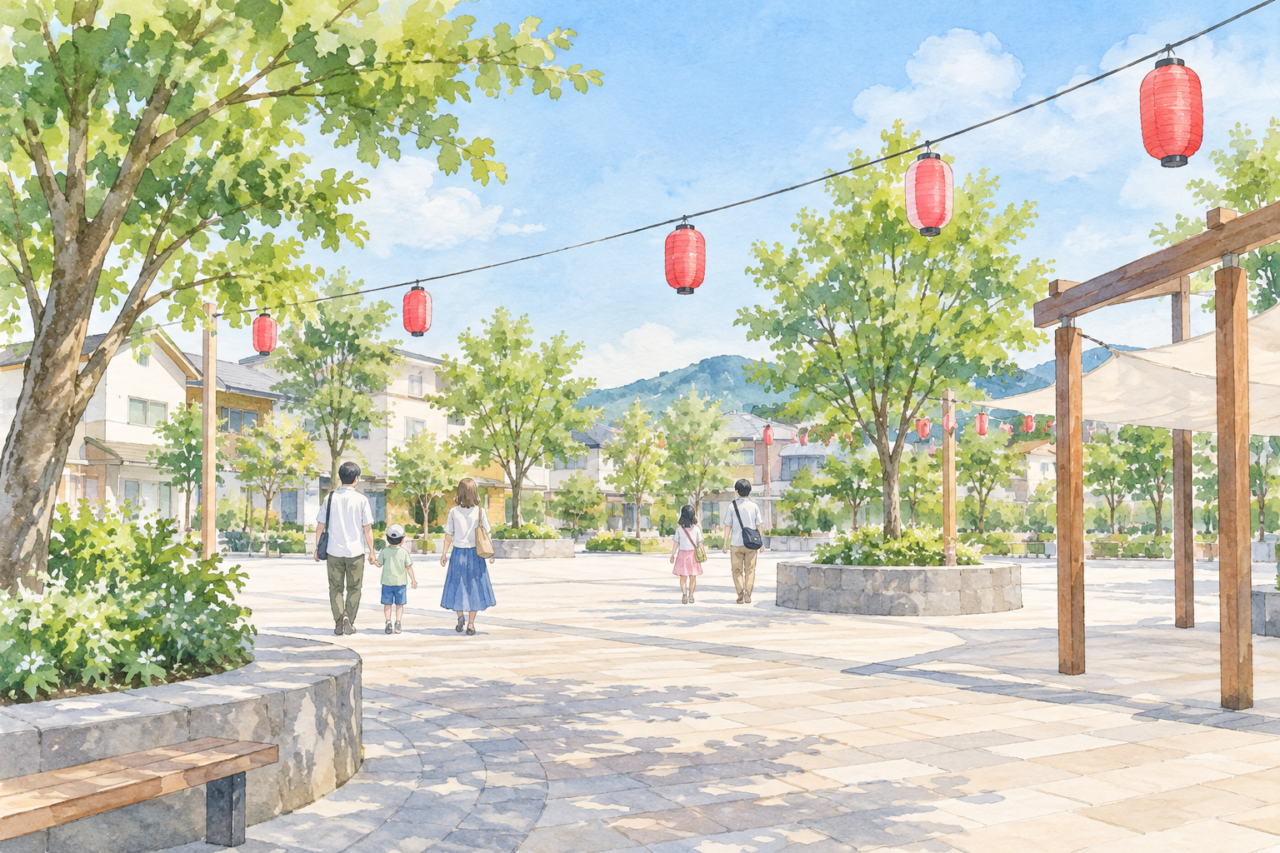 屋外の広場でにぎわう人たちのイラスト